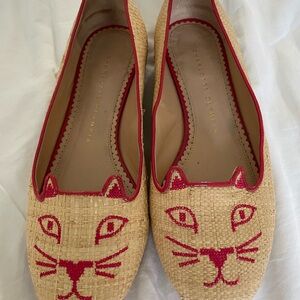 Charlotte Olympia tan raffia and Red Cat Flats